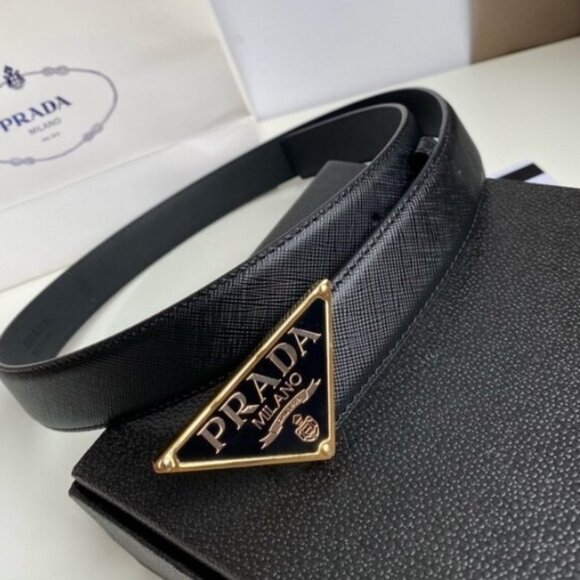 Prada Black Leather Belt - Gold Triangle Icon Buckle - Picture 1 of 6